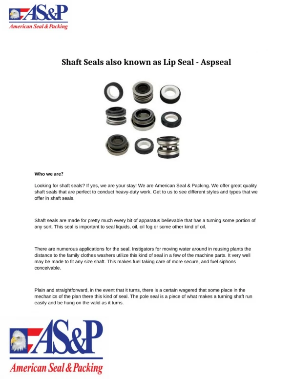 Shaft Seals also known as Lip Seal - Aspseal