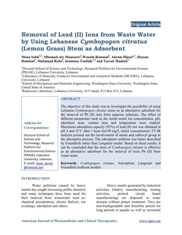 Removal of Lead (II) Ions from Waste Water by Using Lebanese Cymbopogon citratus (Lemon Grass) Stem as Adsorbent