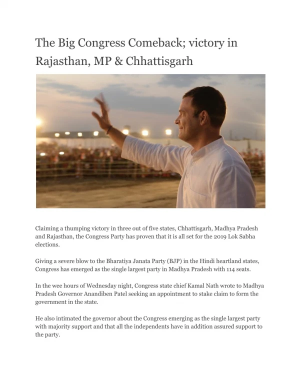 The Big Congress Comeback; victory in Rajasthan, MP & Chhattisgarh
