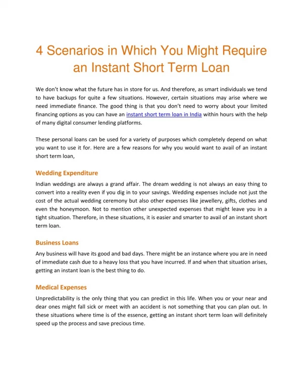 4 Scenarios in Which You Might Require an Instant Short Term Loan