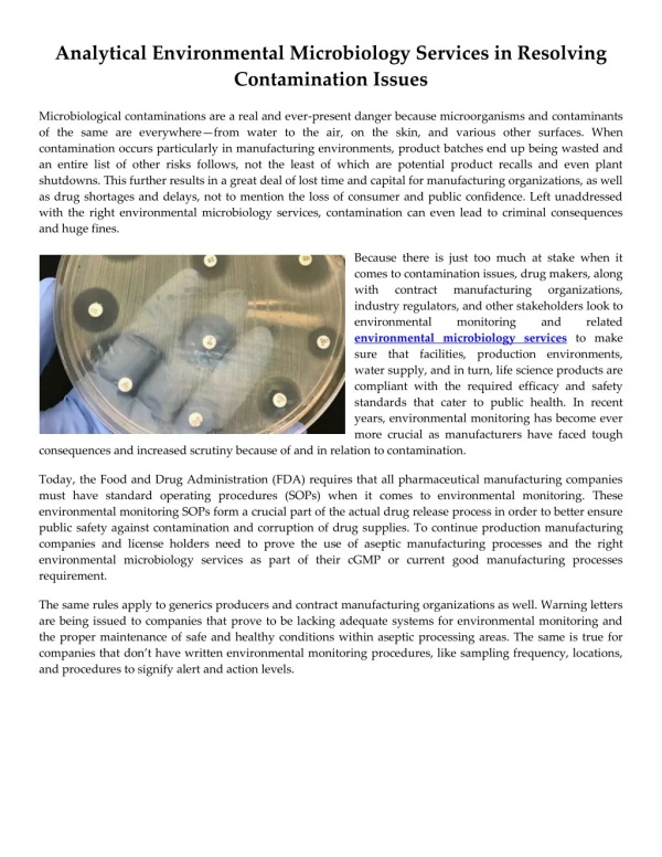Analytical Environmental Microbiology Services in Resolving Contamination Issues
