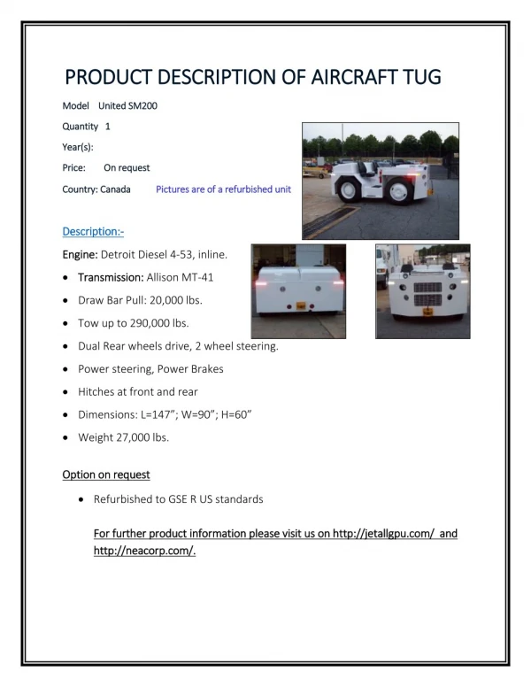 PRODUCT DESCRIPTIONS OF AIRCRAFT TUG