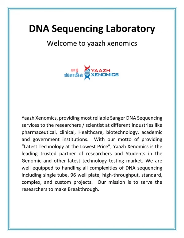 DNA Sequencing Laboratory - yaazhxenomics