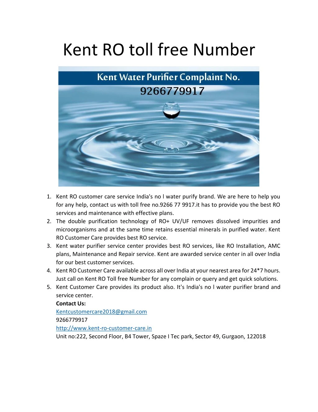 kent ro toll free number