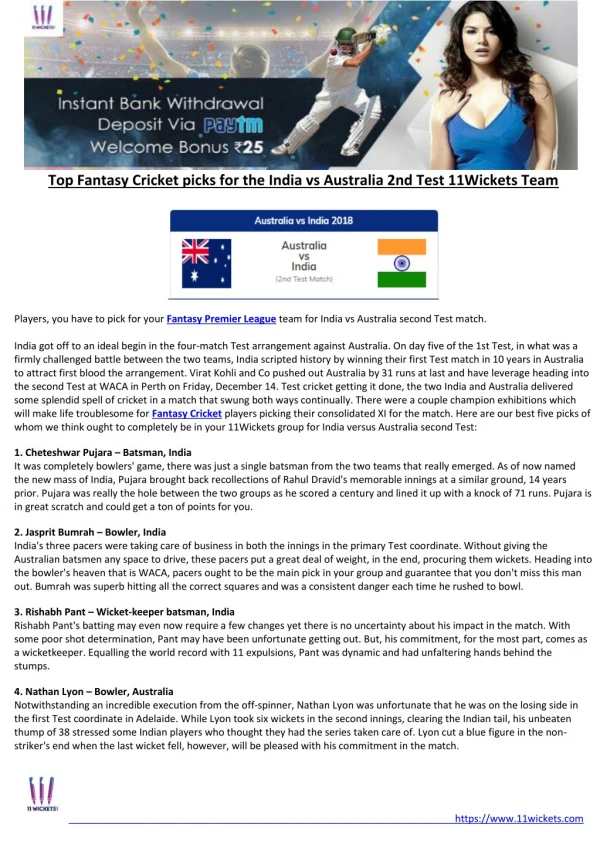 Top Fantasy Cricket picks for the India vs Australia 2nd Test 11Wickets Team