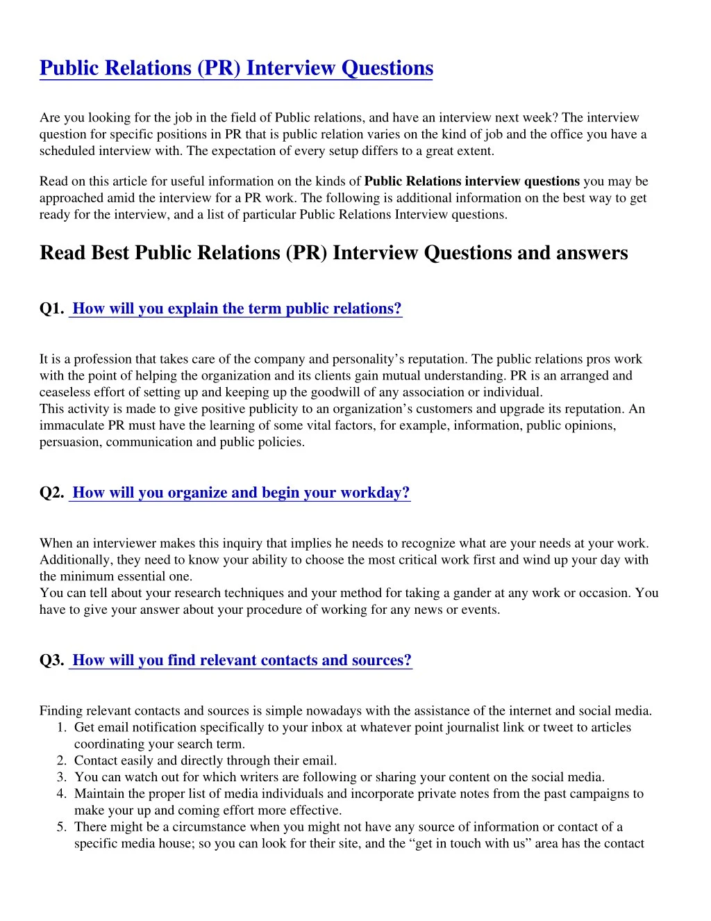 public relations pr interview questions