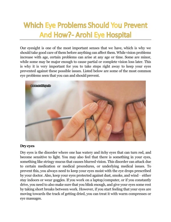 Which Eye Problems Should You Prevent And How? - Arohi Eye Hospital