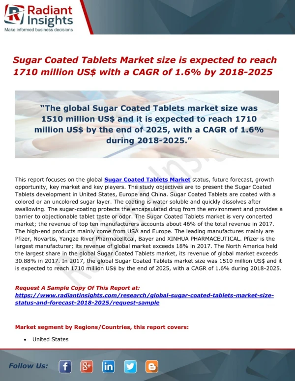 Sugar Coated Tablets Market size is expected to reach 1710 million US$ with a CAGR of 1.6% by 2018-2025