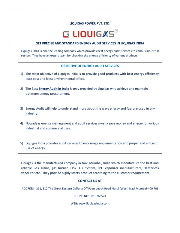 GET PRECISE AND STANDARD ENERGY AUDIT SERVICES IN LIQUIGAS INDIA