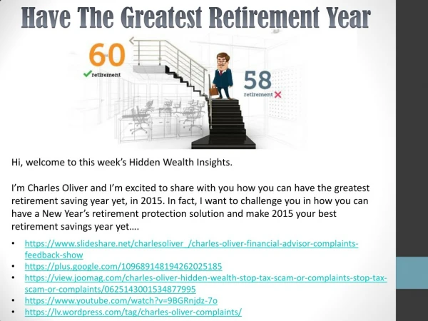 Have The Greatest Retirement Year by Chuck Oliver Financial Advisor Complaints