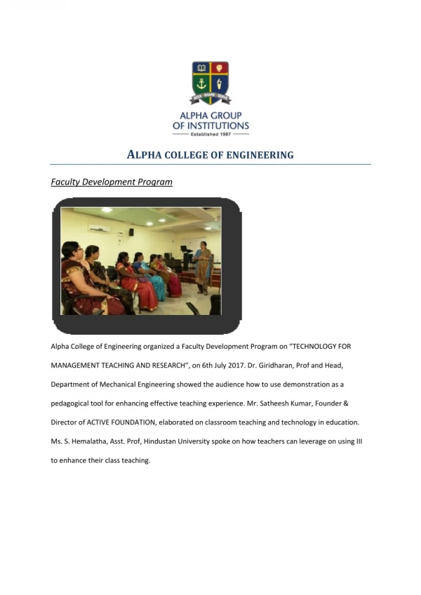 Faculty Development Program - Alpha College of Engineering Chennai