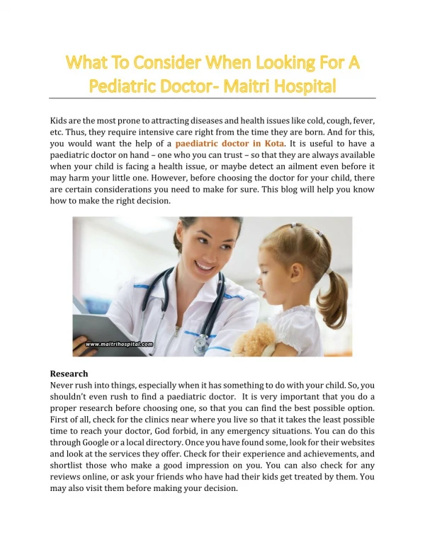 What To Consider When Looking For A Pediatric Doctor? - Maitri Hospital