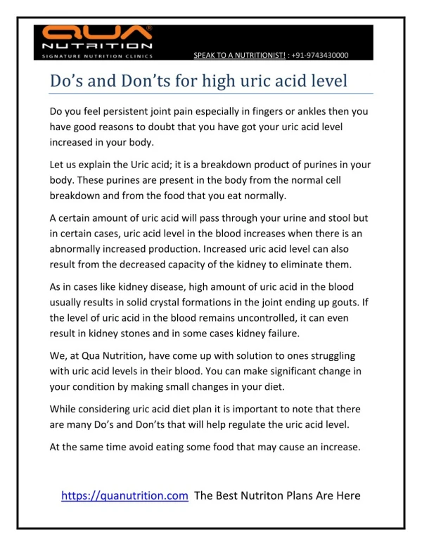 Do’s and Don’ts for high uric acid level