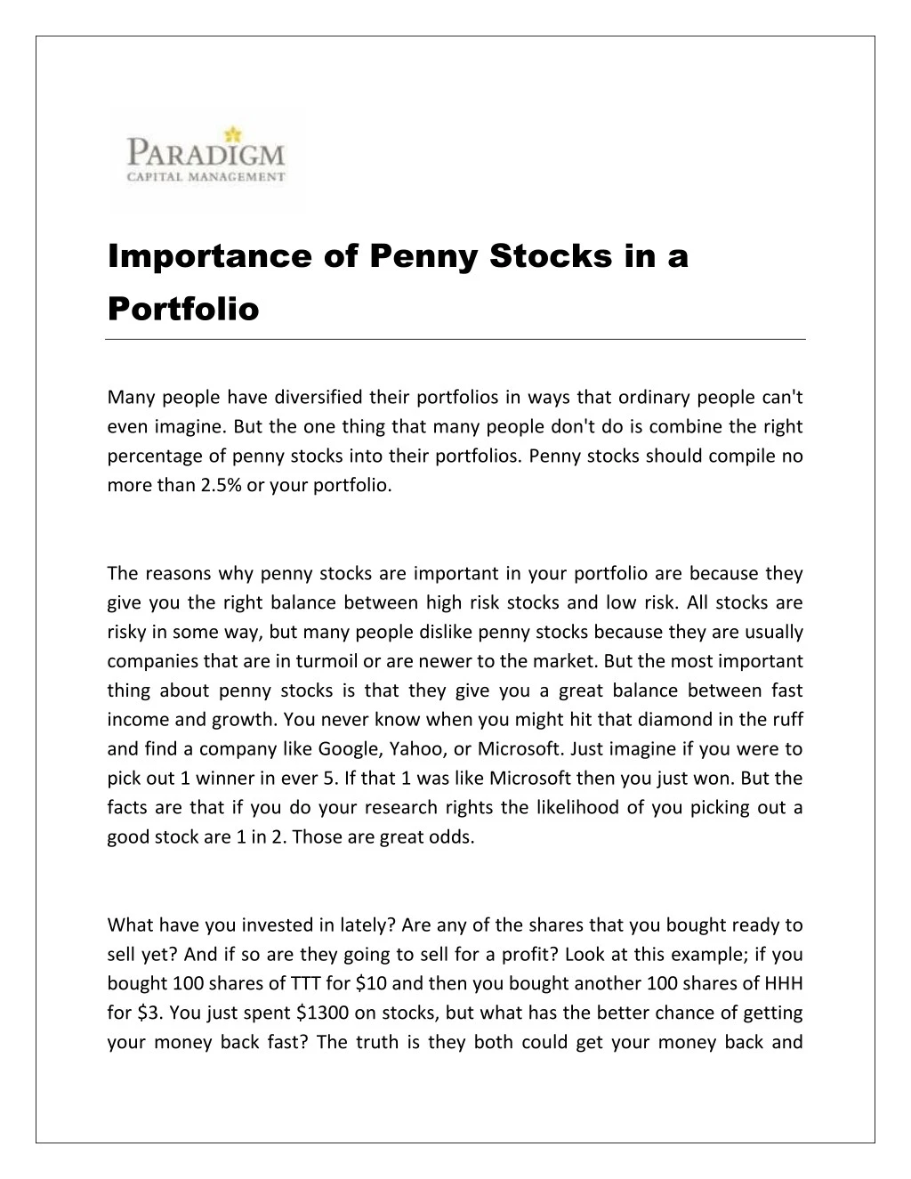 importance of penny stocks in a portfolio