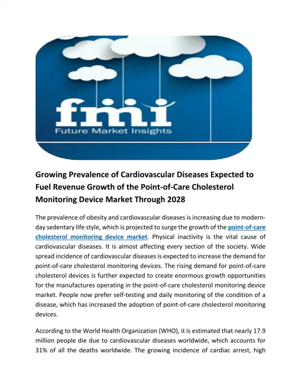 Point-of-care Cholesterol Monitoring Device Market to cross US$ 400 million in 2019