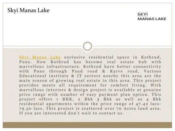 Skyi Manas Lake Offers 1 BHK, 2 Bhk, 3 Bhk, 4 Bhk 2Bhk flat for Sale in Kothrud Pune