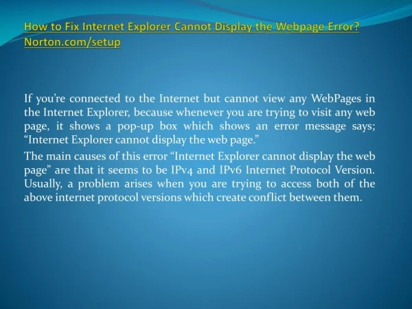 How to Fix Internet Explorer Cannot Display the Webpage Error- Norton.com/setup