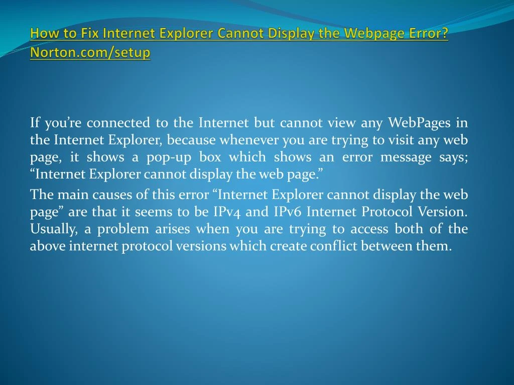 how to fix internet explorer cannot display the webpage error norton com setup