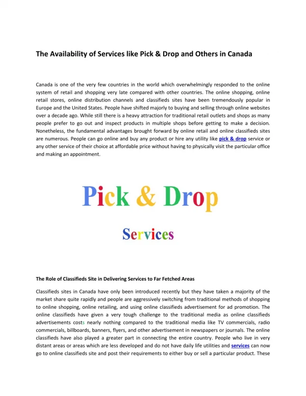 The Availability of Services like Pick & Drop and Others in Canada