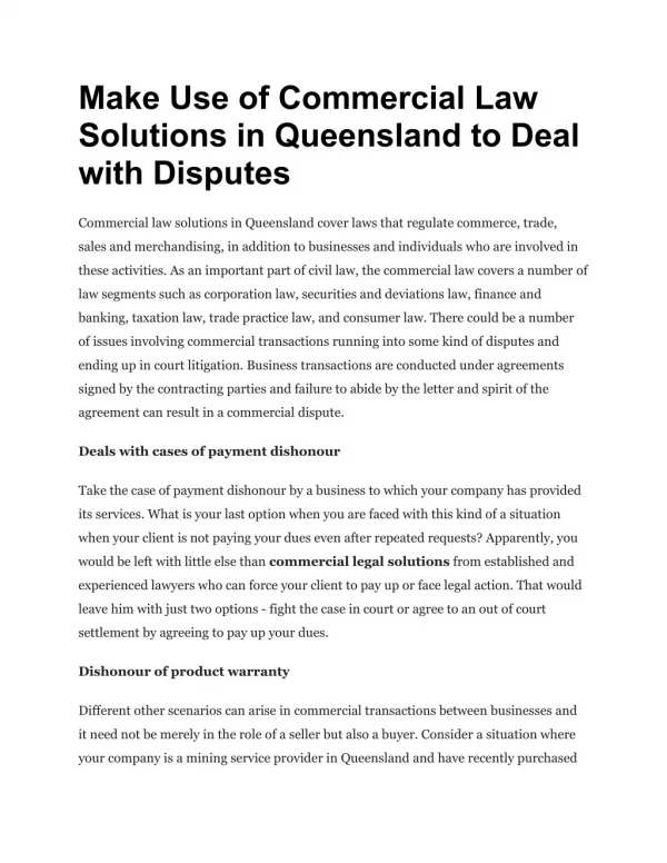 Make Use of Commercial Law Solutions in Queensland to Deal with Disputes