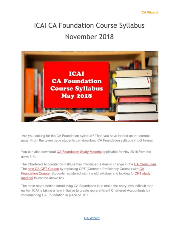 ICAI CA Foundation Course Syllabus November 2018