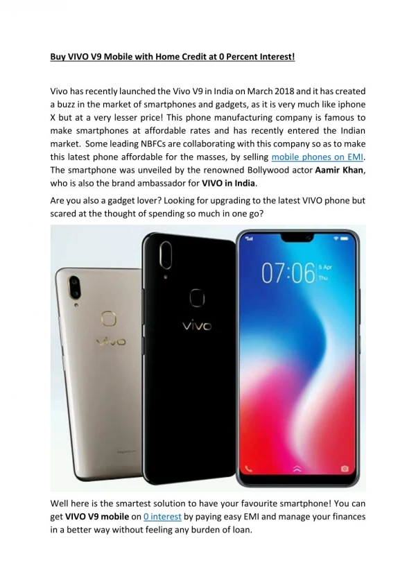 Buy VIVO V9 Mobile with Home Credit at 0 Percent Interest!