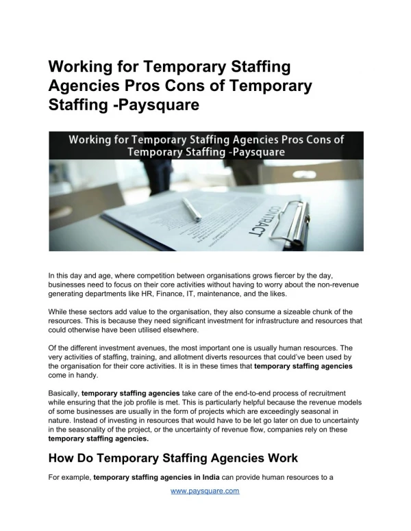 Working for Temporary Staffing Agencies Pros Cons of Temporary Staffing -Paysquare