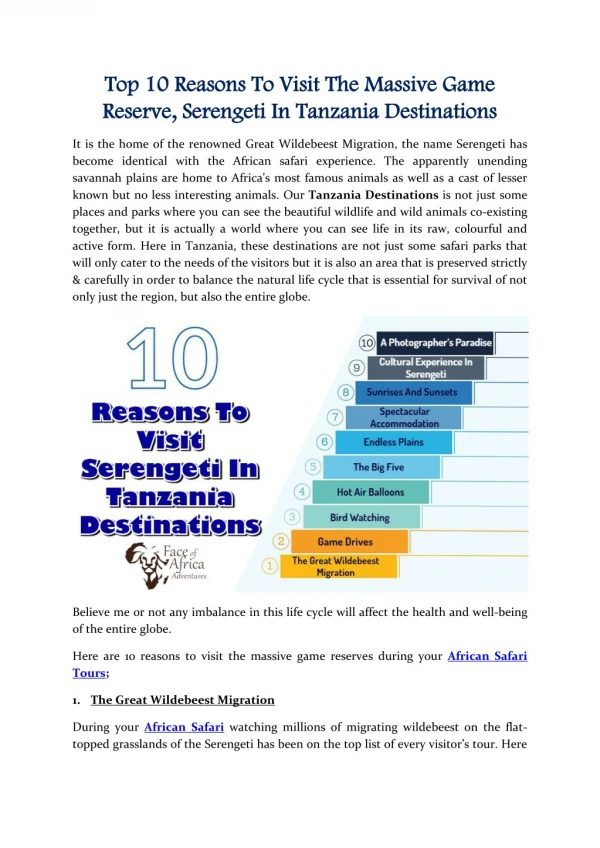 Top 10 Reasons To Visit The Massive Game Reserve, Serengeti In Tanzania Destinations
