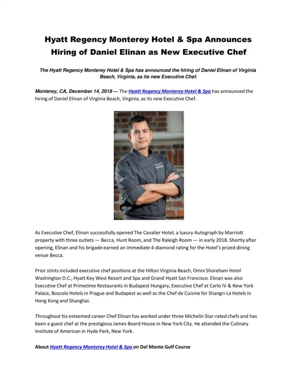 Hyatt Regency Monterey Hotel & Spa Announces Hiring of Daniel Elinan as New Executive Chef