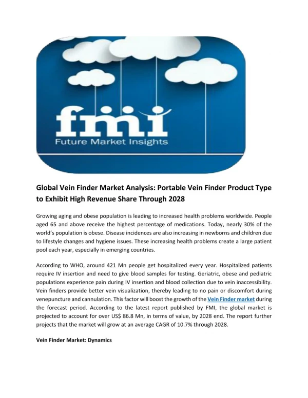 Global Vein Finder Market Analysis: Portable Vein Finder Product Type to Exhibit High Revenue Share Through 2028