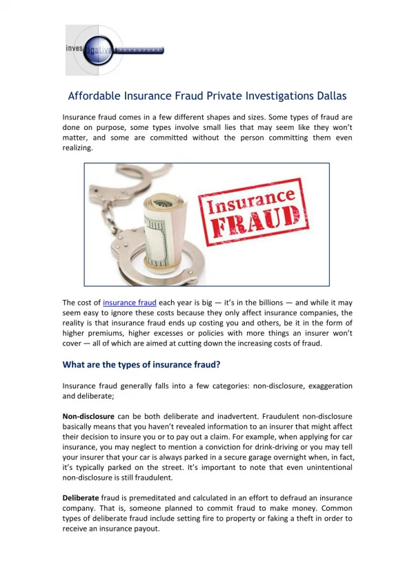 Affordable Insurance Fraud Private Investigations Dallas