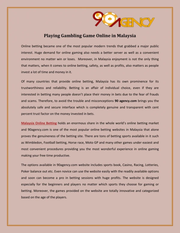 Playing Gambling Game Online in Malaysia