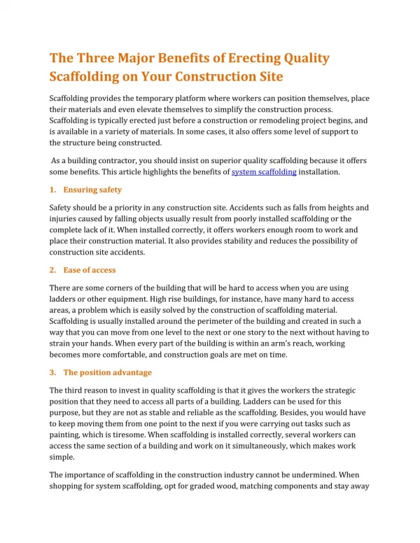 The Three Major Benefits of Erecting Quality Scaffolding on Your Construction Site