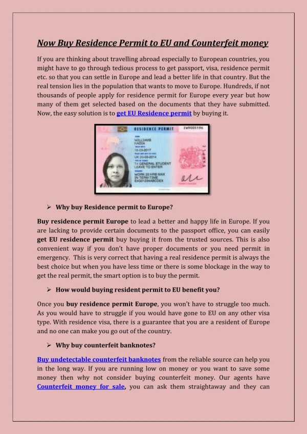 Now Buy Residence Permit to EU and Counterfeit money