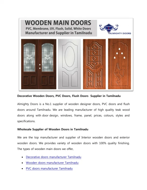 Decorative Wooden Doors, PVC Doors, Flush Doors Supplier in Tamilnadu