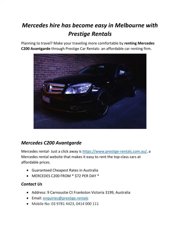 Mercedes hire has become easy in Melbourne with Prestige Rentals