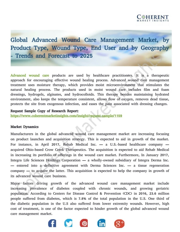 Advanced Wound Care Management Market, by Product Type, Wound Type, End User and by Geography - Trends and Forecast to 2