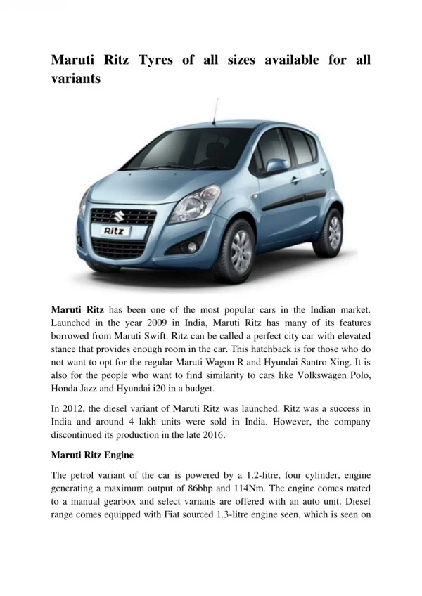 Maruti Ritz Tyres of all sizes available for all variants