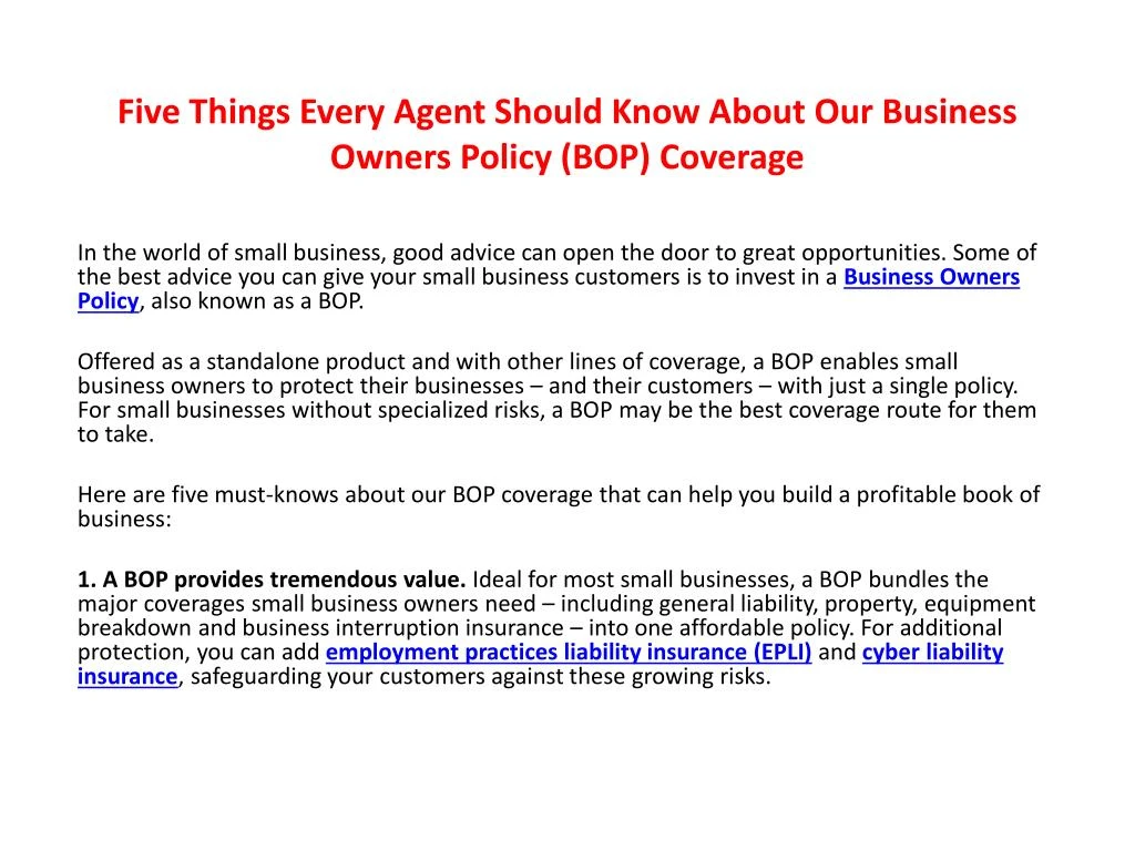 five things every agent should know about our business owners policy bop coverage