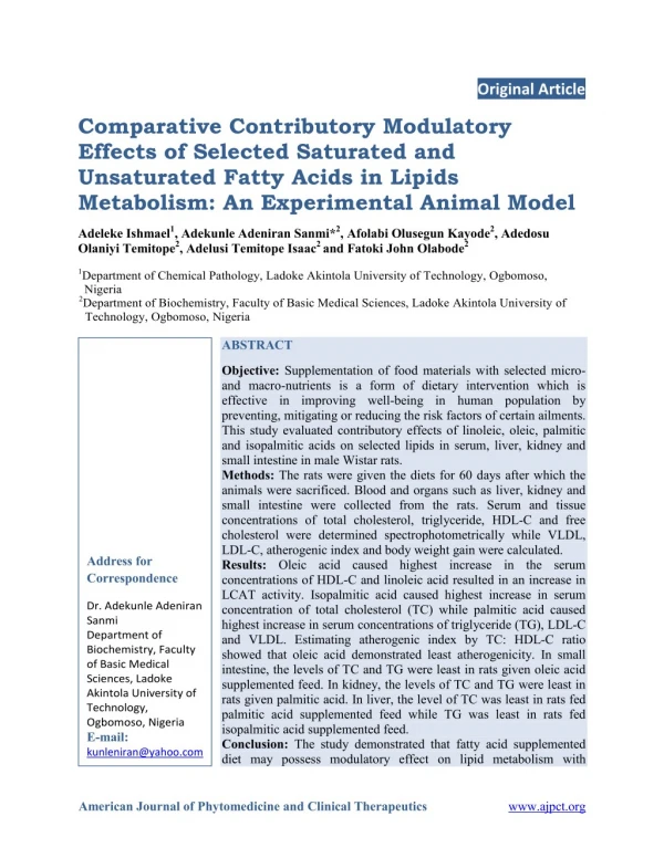 Comparative Contributory Modulatory Effects of Selected Saturated and Unsaturated Fatty Acids in Lipids Metabolism: An E