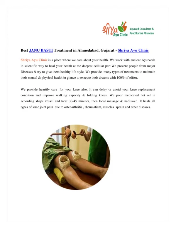 Janu Basti Ayurveda Treatment in Ahmedabad, Shirodhara Treatment Cost in Ahmedabad, Arthritis Treatment in Ahmedabad | S