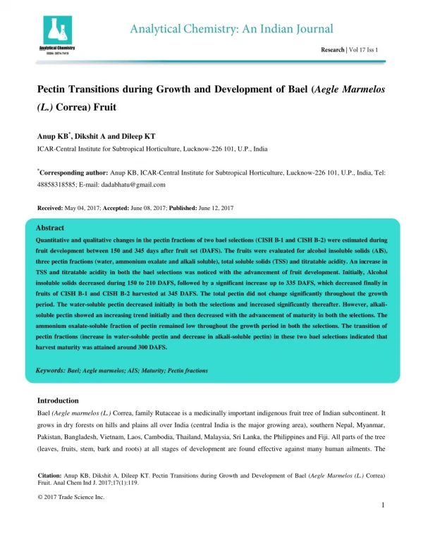 Pectin Transitions during Growth and Development of Bael (Aegle Marmelos (L.) Correa) Fruit