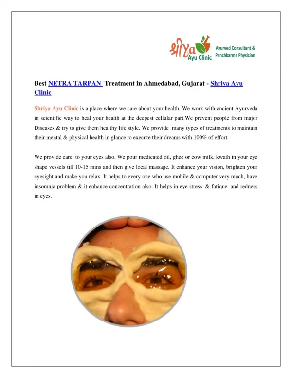 Netra Tarpan Eye Treatment in Ahmedabad, Eye Treatment Ayurveda in Ahmedabad, Eye Care Treatment Ahmedabad, Arthritis Tr