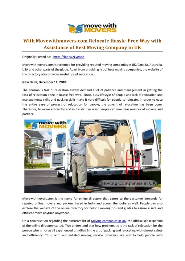 With Movewithmovers.com Relocate Hassle-Free Way with Assistance of Best Moving Company in UK