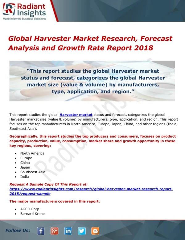 Global Harvester Market Research, Forecast Analysis and Growth Rate Report 2018