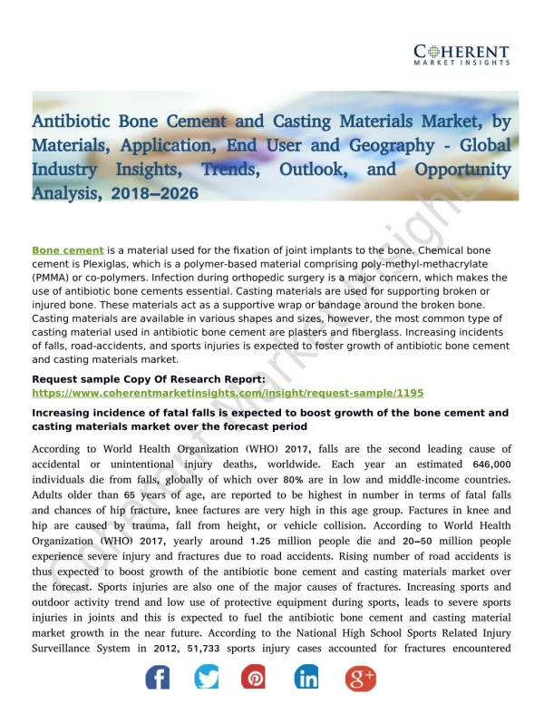 Antibiotic Bone Cement and Casting Materials Market, by Materials, Application, End User and Geography - Global Industry