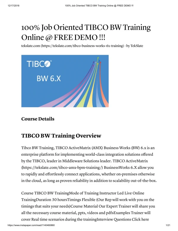 Tibco BW 6.X Online Training in India & USA - FREE DEMO !!!