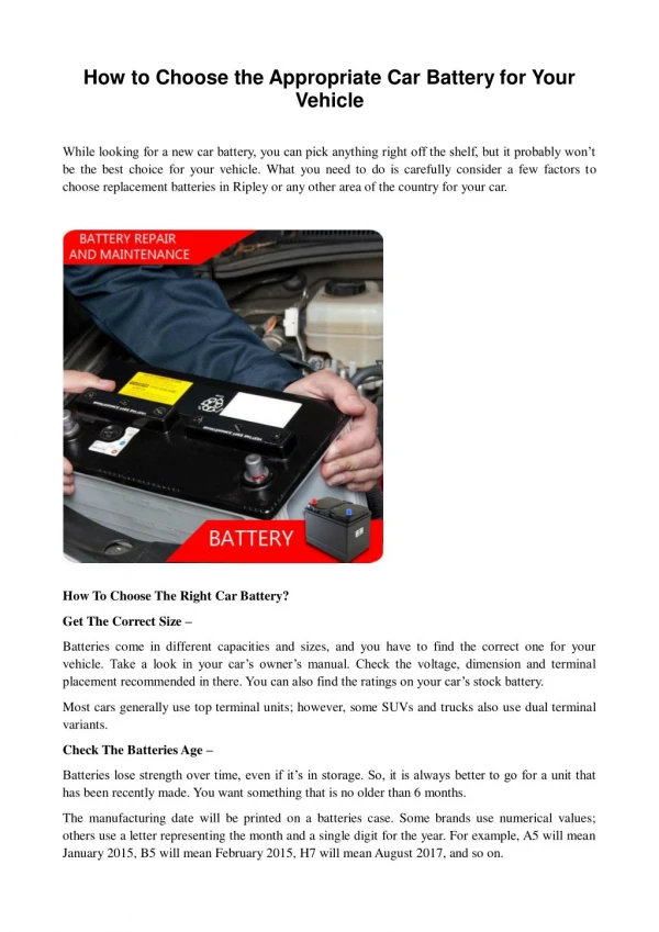 How to Choose the Appropriate Car Battery for Your Vehicle