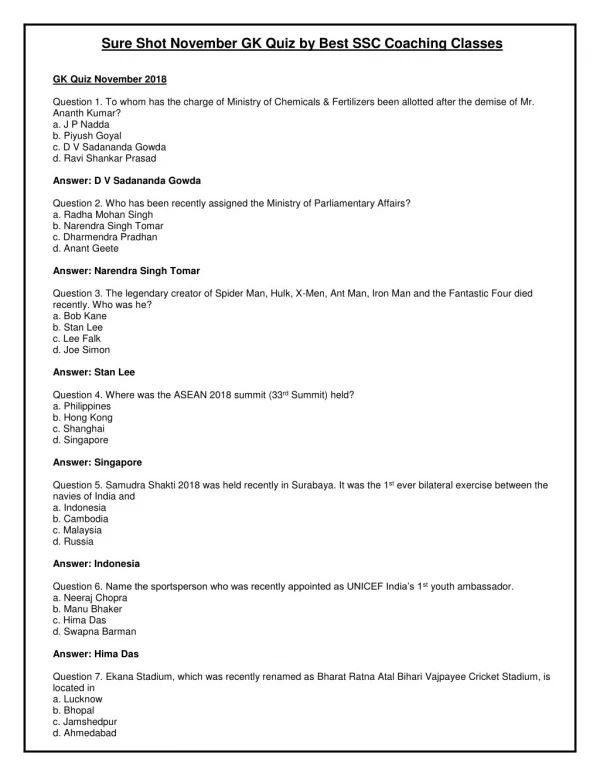 Sure Shot November GK Quiz by Best SSC Coaching Classes