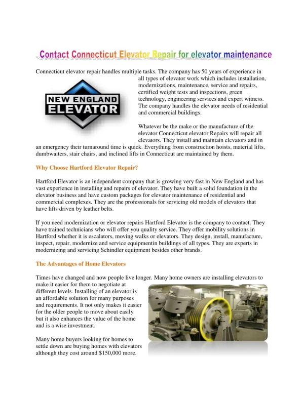 Contact Connecticut Elevator Repair for elevator maintenance